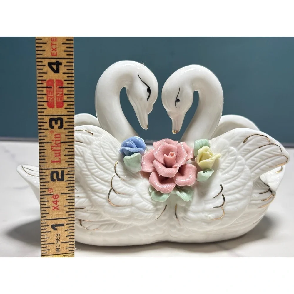 Vintage Porcelain Double Swan Planter Trinket Ring Dish Applied Roses White